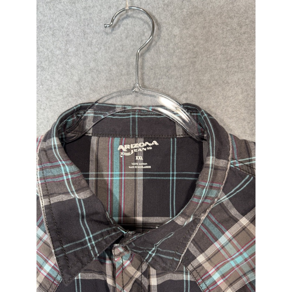 Arizona Jeans Shirt Mens 2XL Black Gray Plaid Western Pearl Snap Long Sleeve - Picture 2 of 10